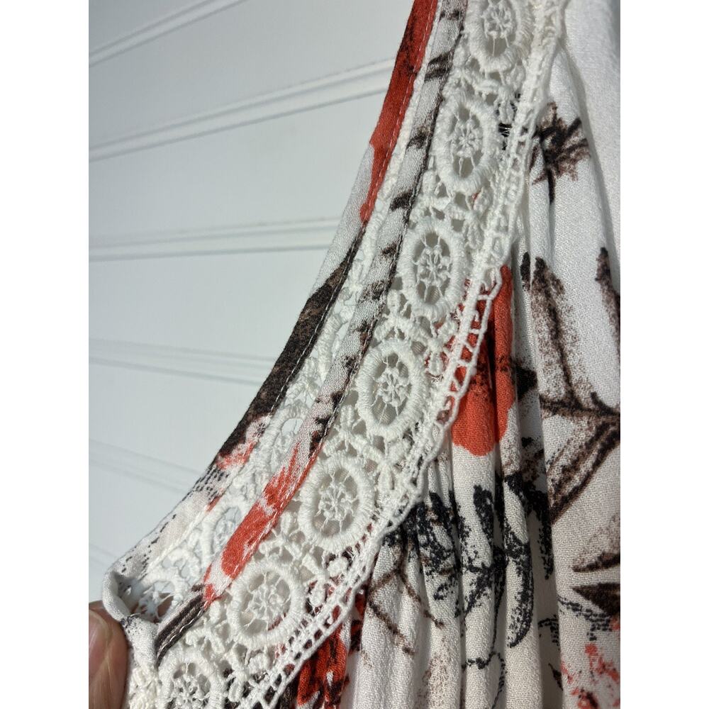 Womens Floral White/Orange Babydoll Maxi Dress S Crochet Cottagecore Hippie Boho - Picture 7 of 13
